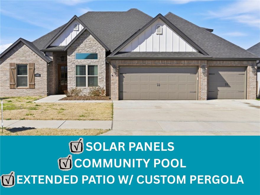 BETTER THAN NEW! This beautifully upgraded Pea Ridge home offers modern efficiency and thoughtful design with 5 BEDROOMS (or 4 + OFFICE), 2.5 BATHS, a SPLIT FLOOR PLAN, and a 3-CAR GARAGE. Enjoy an open-concept layout filled with natural light, accent walls, upgraded lighting, blinds throughout, and newly painted bedrooms.

Energy savings year-round with paid-off solar panels keeping electric bills under $100/month. Outdoor living shines with an extended covered patio, outdoor fireplace, custom pergola, mature landscaping, and a fully fenced, tree-lined backyard.

Listed at only $198/sqft, this home is priced below the neighborhood active average of $204/sqft and the sold average of $203/sqft — making it one of the BEST values in the community.

Stylish, move-in ready, and energy-efficient, this home truly stands out from new construction. Only 9 miles to the Walmart Campus.