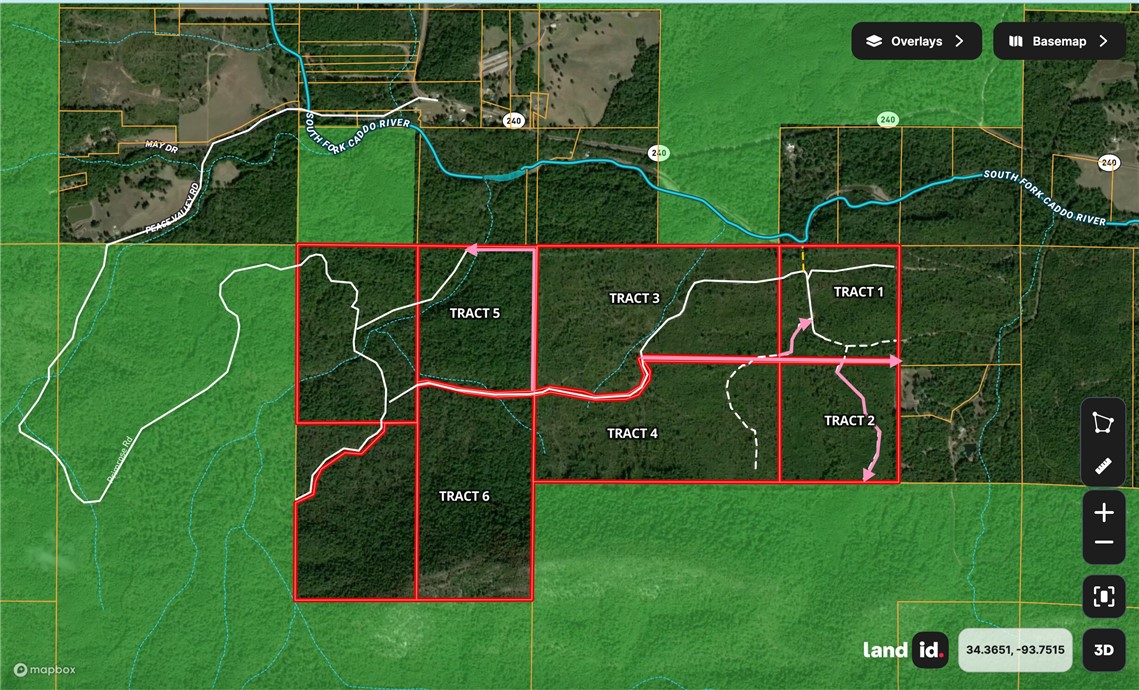 Tract 3
For Sale: ±87 acres bordering Ouachita National forest?(to be surveyed from a 240-acre tract, with 480 acres total, all available for purchase)
This ±87-acre parcel, to be surveyed from a 240-acre parent tract, is located off NFW 517 and will offer direct deeded access via a new road constructed by the seller. The property joins the Ouachita National Forest at the north end. Perfect for an off grid cabin location, with potential for electricity in the future.
Planted in 2008, Loblolly pines cover roughly 21 acres of the property, primarily south of the existing road. This 87 acres is gently rolling pine/hardwood timber stand, with a creek running from the SW corner to the NE corner. The existing road covers .6 miles of the property meandering from the south line, through the center, and leaving through the northeast corner. The map shows proposed boundaries and access pointsāpink arrows indicate new roads to be built, and white lines show existing trails.
Note:Ā No utilities are currently available.