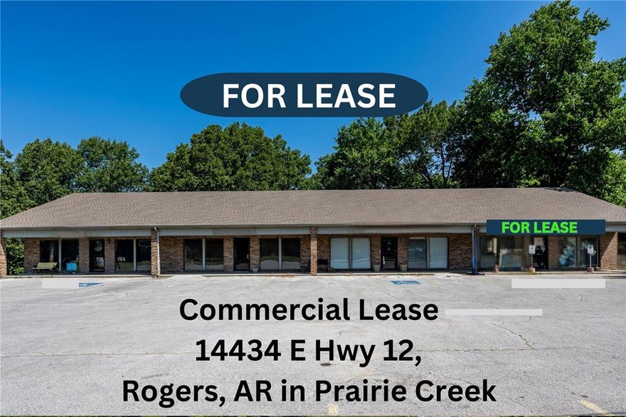 Great Visibility Office/Retail space for lease directly off Hwy 12 in the Prairie Creek area east of Rogers,AR. Ample customer parking. Just 1 mile from Prairie Creek Marina on Beaver Lake which attracts thousands of visitors every year. Build out negotiable.