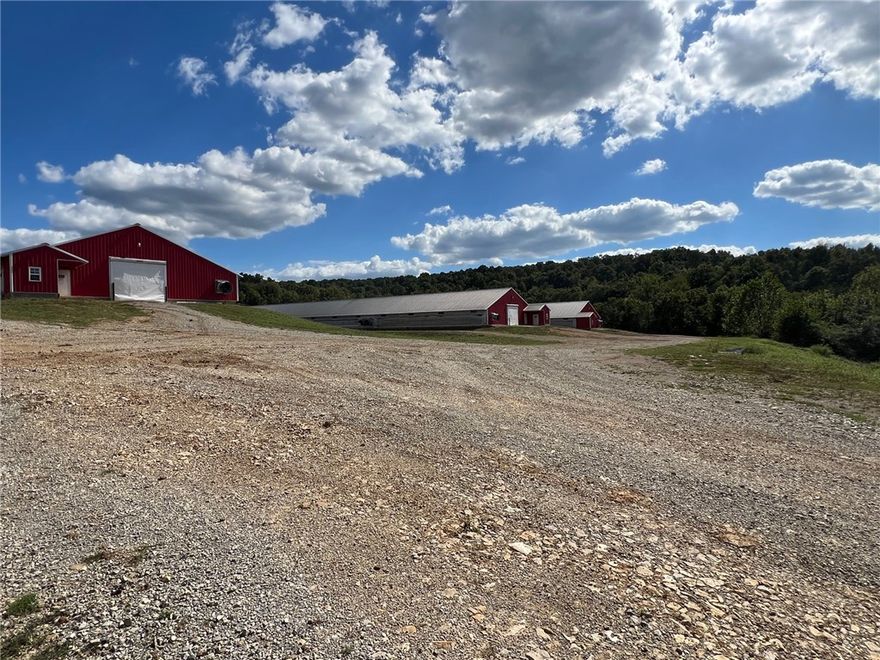 Here is your opportunity to be your own boss and own a slice of the Ozarks. This 150 acre farm has 3 - 54 x 500 turkey barns that were built in 2018 as well as a 32 x 50 shop. Close to Mill Creek, there are spectacular views. With 2 wells in place plus two small ponds and a wet weather creek, you can bring the cattle too. There is electric ran up to a great house spot with a meter pole in place and this is also the location of one of the wells. This farm hasn't had birds in a bit so there will need to be some updates done to the barns to get them under a grower contract again. This is a bank owned property and will be selling AS-IS.