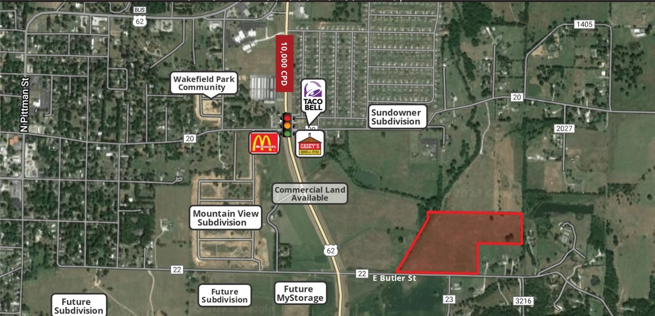 Land best suited for residential or multi-family development. Near Prairie Grove's newest commercial corridor. Just off of Hwy 62 and 15 minutes to I-49 access. Land in close proximity to Casey's General Store, Taco Bell, & McDonald's. Ideal for residential or multi-family development. Lift station required to access sewer. Wetlands study recently completed. Approx. 1,260' of frontage along Butler Rd