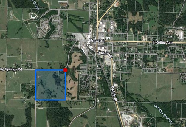 Perfect location for your own private small farm with pond, or development potential inside the city limits only a few hundred yards from the 4 way stop in Decatur. Gas is on site and water and sewer is across the street at the street.