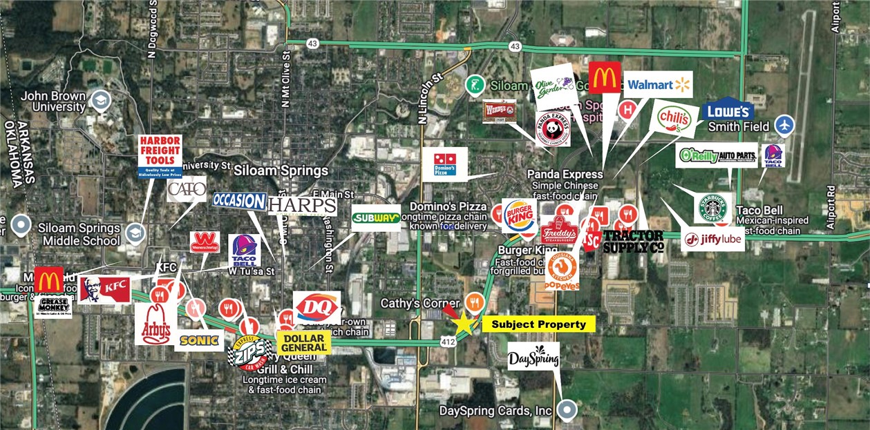 Turn-Key, dev-ready site, offering instant equity, high traffic exposure, a hard-lighted corner, 1,700 SF of frontage along Hwy 412. Boasting immediate development potential with city-approved engineered plans. Key investment highlights: 1) City-approved (Entitled) Engineered Plans, turnkey. Get the building permit and commence construction. 2)Instant Equity- Appraised significantly over the offering price. 3) Hard-lighted corner, with multiple egress and ingress points off Hwy 412 and E Kenwood Street. 4) City Approved (Entitled) 8,352 SF LG-Scale Dev ideal for retail, restaurant, medical, banks, carwash, etc. 5) 29,000 VPD along Hwy 412. 6) Strategic Location: E Kenwood has direct access to downtown Siloam. 7) Last remaining Hwy 412 Commercial parcel at property elevation. See Video Link for footage of nearby properties. Also listed MLS # 1306117. Send offers with pre-approvoal, proof of funds to Peggyfowler1720@gmail.com Also listed on MLS # 1306115