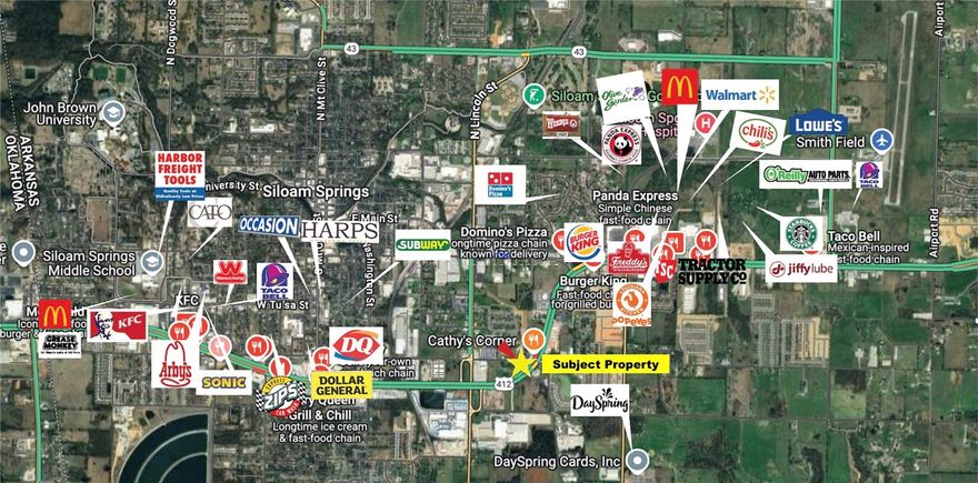 Turn-Key, dev-ready site, offering instant equity, high traffic exposure, a hard-lighted corner, 1,700 SF of  frontage along Hwy 412.  Boasting immediate development potential with city-approved engineered plans. Key investment highlights: 1) City-approved (Entitled) Engineered Plans, turnkey. Get the building permit and commence construction. 2)Instant Equity- Appraised significantly over the offering price. 3) Hard-lighted corner, with multiple egress and ingress points off Hwy 412 and E Kenwood Street. 4) City Approved (Entitled)  8,352 SF LG-Scale Dev ideal for retail, restaurant, medical, banks, carwash, etc.  5) 29,000 VPD along Hwy 412. 6) Strategic Location: E Kenwood has direct access to downtown Siloam. 7) Last remaining Hwy 412 Commercial parcel at property elevation.  See Video Link for footage of nearby properties. Also listed MLS # 1306117. Send offers with pre-approvoal, proof of funds to Peggyfowler1720@gmail.com Also listed on  MLS # 1306115