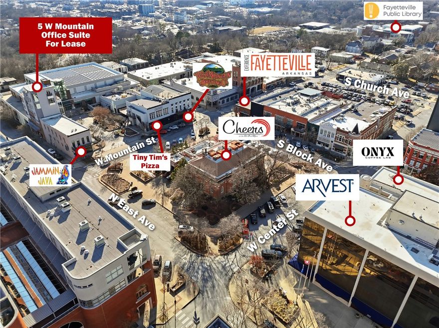 +/- 1,160 SF office suite for lease in prime Fayetteville location. Located directly on the Downtown Fayetteville Square, this office space offers access to restaurants, shops, and entertainment along with access to the Razorback Greenway. This office suite in located in the modern 5 W Mountain building with
high visibility and convenient access. This suite is on the 3rd floor with large windows overlooking the courtyard, 6 large offices, one could make a good conference room, and a reception/waiting area. Also access to a community men's and women's restrooms, lobby/waiting area, and modern conference room. Personal parking spots are available in the attached garage for $210/mo. This garage has elevator access directly to your floor. This suite is attached to the same building as the Jammin Java coffee shop, next door to Tiny Tim's Pizza, and a short walk to Hugo's restaurant providing many options for lunch breaks! Offered on a gross lease, with internet included, you benefit from easy and predictable costs.