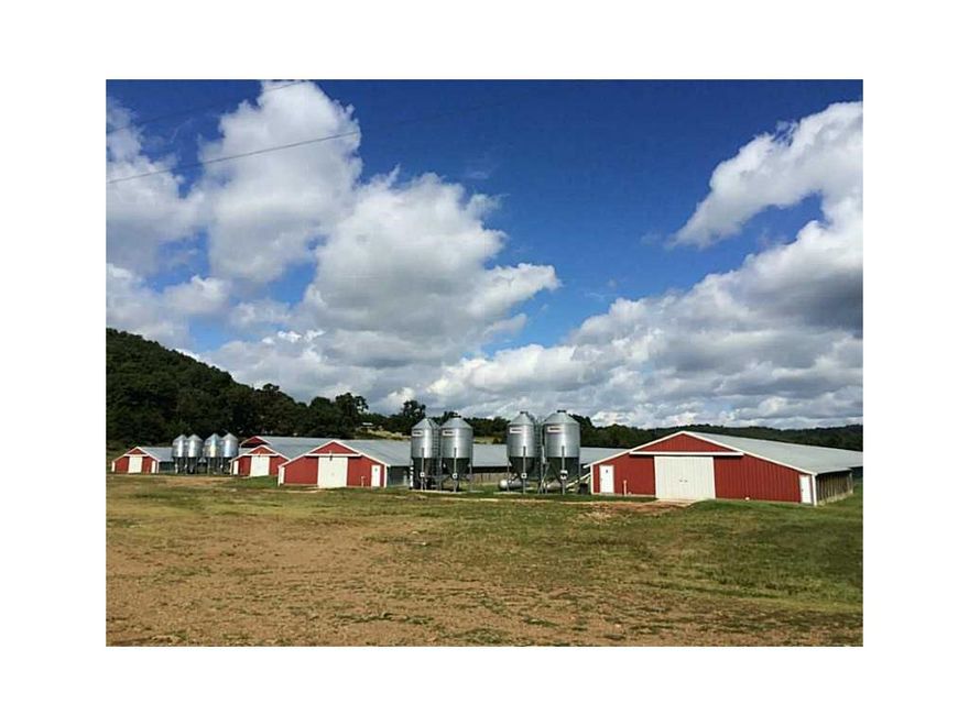 Location, location!!  Run your own farm operation AND be 15 minutes from south Fayetteville.  <SWEET> George's Inc. contract for 53 day birds and 7.2 lbs. Pay was updated this year to $.0615.  The 43x500 steel truss houses were built in 2006 and producing well.  3 bedroom 2 bath home available for additional $200k and another 30 Acres MOL for $100k.  Can you think of anything else you'd need 'cause we can't!  Acreage TBD via survey.