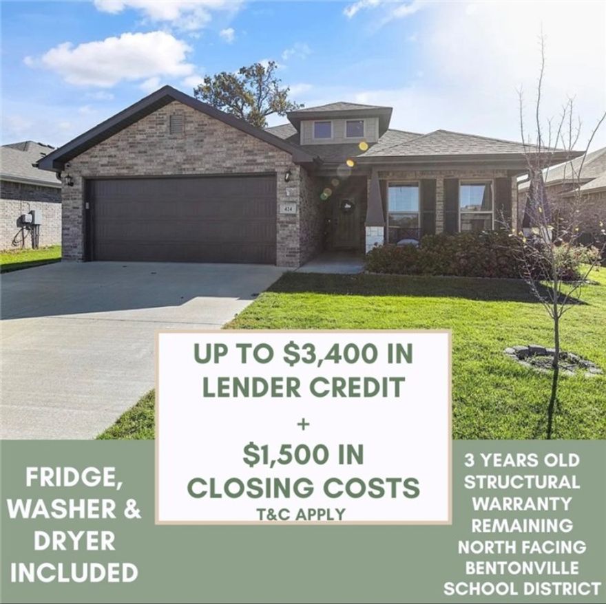 Like new, North facing home complete with a smart home package and landscape package.  Washer, dryer and refrigerator to convey with an acceptable offer. 10 foot ceilings in the entryway, master bedroom, kitchen and living area.  Featuring a large covered back patio complete with shades to watch the game!   Whether you're enjoying a morning coffee or hosting friends, this backyard offers the perfect setting.  Peaceful surroundings and no neighbors in the back. 2 year structural warranty remaining for the new owners.  Bentonville school district.  SAVE UP TO $3,400 IN CLOSING COSTS (must use preferred lender) PLUS SELLER OFFERING $1,500 IN CLOSING COSTS. Come see this one today!