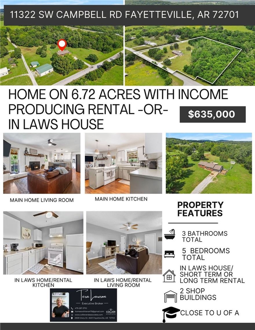 Two homes on over 6 acres, just minutes from everything Fayetteville has to offer. This unique property features a primary residence plus an active income producing short-term rental, long-term rental, or private in-law quarters.The main home offers approximately 1,900 square feet with a flexible layout featuring 4 bedrooms plus an office or 3 bedrooms with two offices, perfect for today’s work-from-home lifestyle. Enjoy cozy evenings by the wood-burning stove & entertain outdoors on the spacious back deck overlooking the peaceful acreage. The detached residence is a proven income-producing opportunity or private guest home, featuring one large bedroom, generous living room, full bathroom, and an oversized garage with abundant storage.An additional shop building provides even more functionality—perfect for woodworking, hobbies, or storing recreational equipment & toys.Located just 10 minutes from the U of A & 8 minutes from Baum-Walker Stadium, offering both convenience & long-term investment potential.