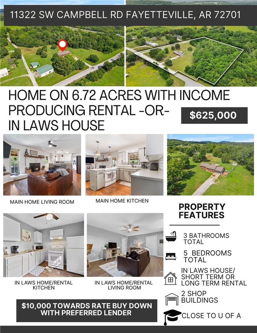 Two homes on over 6 acres, just minutes from everything Fayetteville has to offer. This unique property features a primary residence plus an active income producing short-term rental, long-term rental, or private in-law quarters.The main home offers approximately 1,900 square feet with a flexible layout featuring 4 bedrooms plus an office or 3 bedrooms with two offices, perfect for today’s work-from-home lifestyle. Enjoy cozy evenings by the wood-burning stove & entertain outdoors on the spacious back deck overlooking the peaceful acreage. The detached residence is a proven income-producing opportunity or private guest home, featuring one large bedroom, generous living room, full bathroom, and an oversized garage with abundant storage.An additional shop building provides even more functionality—perfect for woodworking, hobbies, or storing recreational equipment & toys.Located just 10 minutes from the U of A & 8 minutes from Baum-Walker Stadium. $10,000 seller credit to buyer when using preferred lender!