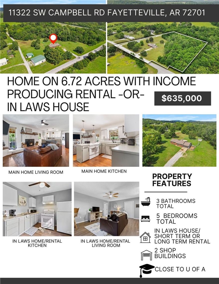 Two homes on over 6 acres, just minutes from everything Fayetteville has to offer. This unique property features a primary residence plus an active income producing short-term rental, long-term rental, or private in-law quarters.The main home offers approximately 1,900 square feet with a flexible layout featuring 4 bedrooms plus an office or 3 bedrooms with two offices, perfect for today’s work-from-home lifestyle. Enjoy cozy evenings by the wood-burning stove & entertain outdoors on the spacious back deck overlooking the peaceful acreage. The detached residence is a proven income-producing opportunity or private guest home, featuring one large bedroom, generous living room, full bathroom, and an oversized garage with abundant storage.An additional shop building provides even more functionality—perfect for woodworking, hobbies, or storing recreational equipment & toys.Located just 10 minutes from the U of A & 8 minutes from Baum-Walker Stadium, offering both convenience & long-term investment potential.