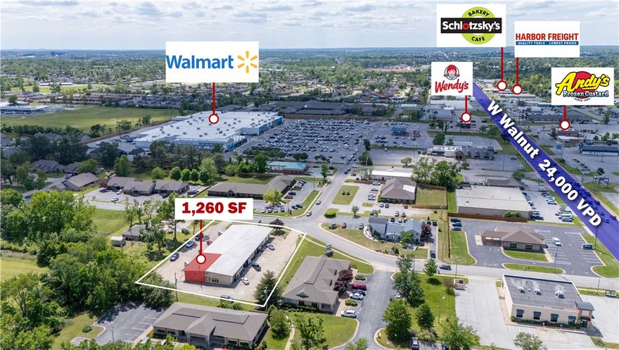 +/- 1,260 SF office or flex space in Rogers, AR, conveniently located near the Walmart Supercenter. This versatile space includes a welcoming reception area, four offices, two private restrooms with showers, a dedicated storage room, and a large open workspace ideal for collaboration or flexible use. Positioned just off W Walnut St, which sees approx. 24,000 VPD, the location offers excellent visibility and accessibility. The property is only 2 minutes from the Walmart Supercenter, 3 minutes from Walgreens, 6 minutes from Downtown Rogers, and just 7 minutes from I-49, making it a prime location for businesses seeking a central and high-traffic area.
