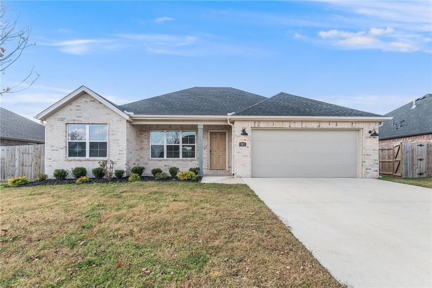 Welcome to the quiet, yet convenient, community of Hickory Meadows in charming Tontitown, AR! The very popular Mayberry Plan features 3 bedrooms, 2 bathrooms, and 1,591 sq ft of thoughtfully designed living space. Enjoy granite countertops, custom cabinetry, and a bright open-concept layout that seamlessly connects the kitchen, dining, and living areas—perfect for everyday living and entertaining. The kitchen island invites conversation, casual meals, and family time. Step outside to a relaxing back patio ideal for outdoor dining or unwinding at the end of the day. Neighborhood perks include a resort-style pool and playground. Addtionaly, the new shingles and gutters were installed in 2025.  Style, comfort, and community living come together in this beautiful home—don’t miss your chance to make it yours!
