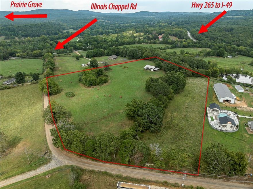 Possible Owner Finance Available and/or Make Offer! 7.58+/-acres w/hilltop building views is gently rolling, has a small pond, partially wooded & is rural but close to I-49 & many other places: 6mins to I-49 access, 8mins to Greenland, 10mins to Prairie Grove, 15mins to Razorback Stadium in Fayetteville.  Two separate locked entry gates offer options on how you want to access your property.  2019 well-built 50x30 Shop/Barn Bldg w/Lean-To Shed for covered storage, thick concrete floor, three 10' garage doors & plumb access if you choose to install a bath.  This could be your barn-dominium ready to complete OR this is your Workshop & build your forever home here OR stay in your RV or MF housing while you build your main home onsite.  Electric & Public Water available to connect nearby, Propane needed for gas, Private Septic needed & a perc test allowed for 2-build sites for 3bdrm sized home.  Plat available for Tract #3.  Some equipment & supplies present in Shop have already been sold, but some are still negotiable.