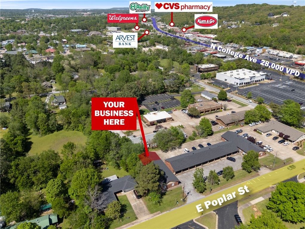 +/- 1,775 SF of office space available just one minute from N College Ave in Fayetteville. This space features a large reception area, four private offices, a spacious kitchen/break room, three private restrooms, and a storage closet. Conveniently located across the street from Woodland Junior High School, the property is approx. 2.2 miles from the University of Arkansas, 3.5 miles from I-49, and just 1 mile from Walgreens, CVS, Kum & Go Gas Station, and Arvest Bank. This location offers excellent accessibility and visibility, making it ideal for a variety of professional office uses. Offered on a modified gross lease, tenant is responsible for electric and gas in their own name and $150/mo for water and trash services.