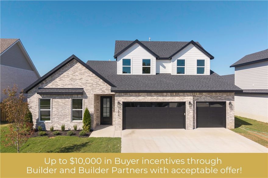 Discover the elegance and ease of the Marigold plan—a home where style meets functionality! This spacious layout offers 4 bedrooms and 3 full bathrooms, with the primary suite and an additional bedroom and bath conveniently located on the main level. Upstairs, you’ll find two more bedrooms and another full bath, ideal for versatile living. Enjoy premium features like granite countertops, custom cabinetry, and stainless steel appliances, all centered around a warm, eat-in kitchen. The open-concept design showcases LVP flooring in main living areas and enhanced lighting for a beautifully refined ambiance. Located in a vibrant community, future amenities in Phase 2 include a pond with scenic walking trails, a clubhouse, pool, and more! Don’t miss out on this opportunity to make this beautiful home and thriving neighborhood your own. Conveniently located, it’s less than 20 minutes to Downtown Bentonville and the new Walmart Home Office, and under 15 minutes to XNA.