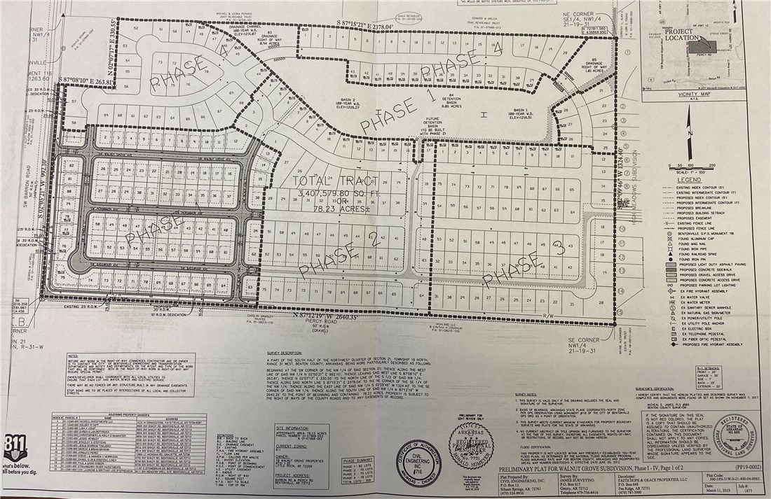 78.23 +/- acres that is approved for a 310 lot subdivision in Bentonville city limits. All utilities available. Phase I is 82 lots and ready to turn dirt. Bentonville schools.