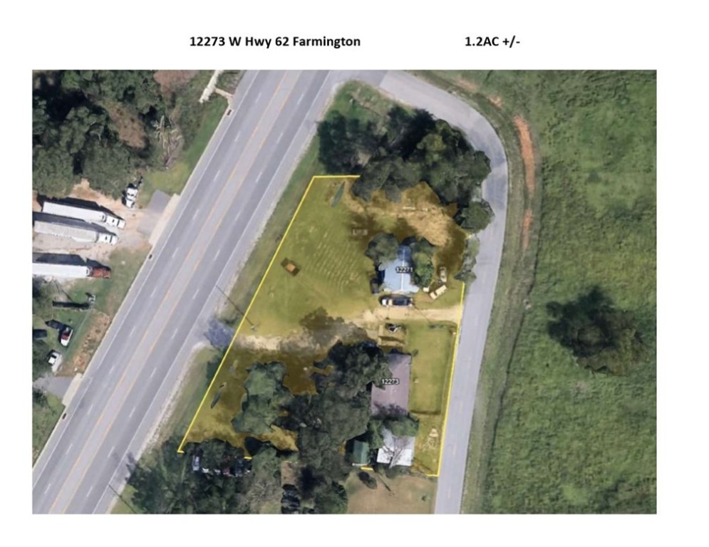 300+/- ft of Hwy 62 frontage in Farmington. 62 frontage is getting harder & harder to come by in this area. 3 BR, 1.5 BA, 1377 sq. ft. home plus a 1300 sq. ft. shop. There is also another shop at 950+/- sq. ft. & storage building. The property sits at the entrance of Jim Brooks Rd. 1.2+/- acres. Agent owned