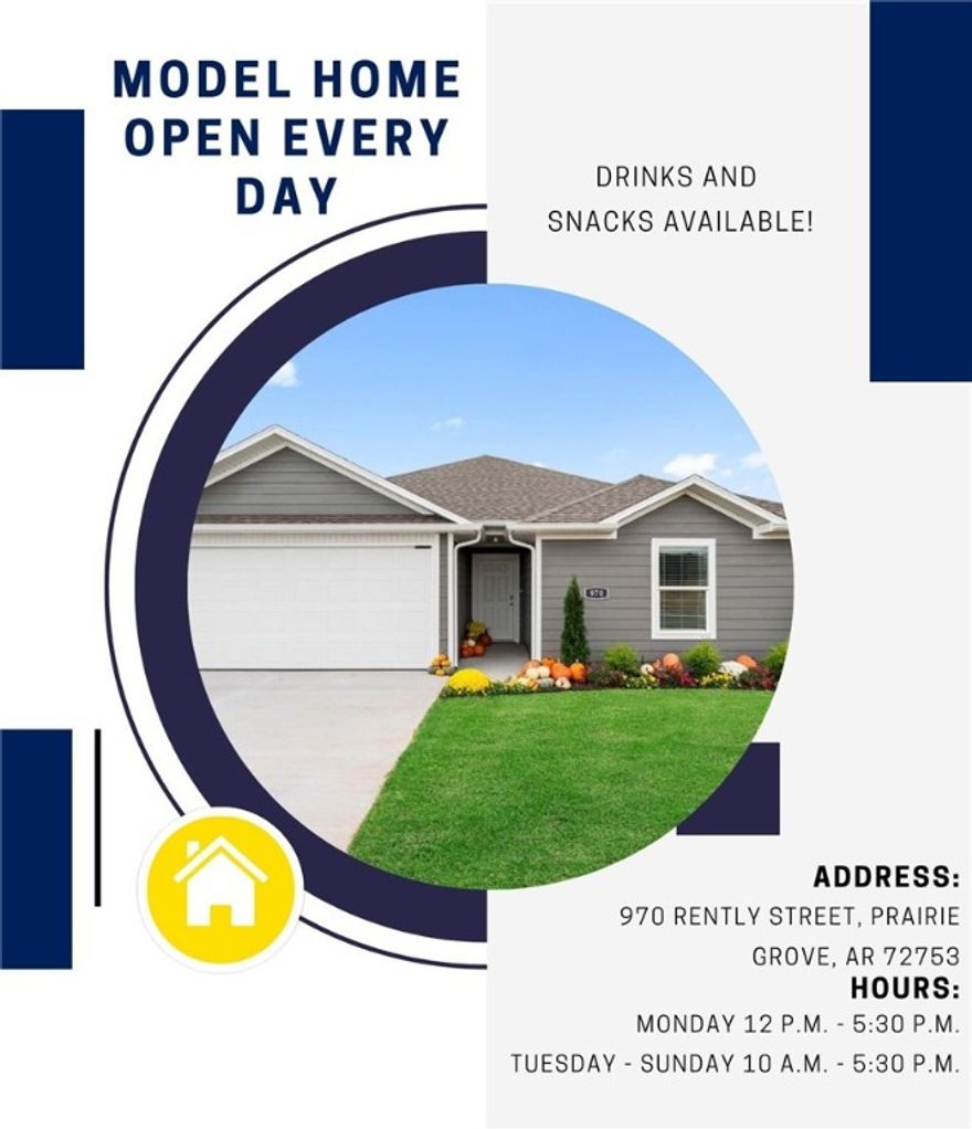 Lovely Lakeway plan in Selah Meadows, situated in the heart of Prairie Grove.  Each home in Selah Meadows is meticulously crafted with attention to detail, creating a space that feels both luxurious and welcoming.  From the moment you walk through the door, you'll be greeted by modern features and spacious layouts that cater to every lifestyle. Our homes boast premium finishes and thoughtful designs, ensuring that you'll be stepping inside your own personal oasis. The Lakeway plan includes a private office! These homes will be complete with LVP flooring throughout, wood shelving in all closets, pantry and utility room.  Kitchen will have granite counters and stainless-steel appliances! Bedroom one bath will have granite kitchen counters, double sinks, and a walk-in shower. Home will have a Garage Door Opener, and a Landscape package. Home will have Beautiful 4 Sides Hardie Siding®.