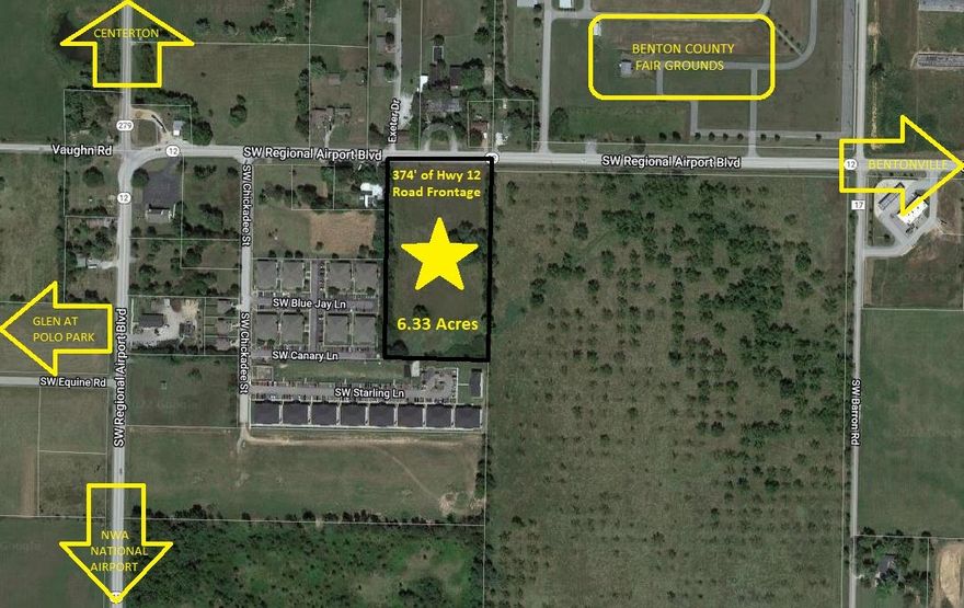 Excellent Development opportunity in a Highly Trafficked area! Just under six and a half flat acres with all city utilities at the street (Hwy 12) makes this piece of property very desirable. Just 3 miles to the North West Arkansas National Airport, 2 miles to Centerton, less than 5 miles to all currently zoned schools, 8 miles to I-49 and 10 miles to Downtown Bentonville. The possibilities are endless!