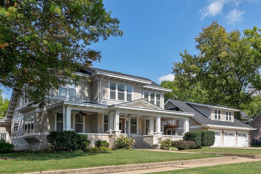 Majestic 1915 Crartsman in the heart of Siloam Springs. This is one of three Siloam Springs homes designed by a prominent Tulsa architect in the early 1900’s. It features a spacious front porch, leading to original patterned oak floors, large dining room and adjacent living room. There is a private den, with built in cherry bookshelves,  adjacent to the large laundry room which features a dumbwaiter laundry lift. There are 5 bedrooms, and 3 bathrooms. The kitchen is updated with cherry cabinetry, gas cooktop, large pantry, with an adjacent breakfast room. The interior walls are origial plaster, and the exterior is original stucco. 
There is an additional 880 sq ft apartment, with all appliances, over the 6 car, climate controlled, detached garage with front and alley entrances. All buildings have new roofs, and the home and garage feature built in “box” gutters. There is a large garden shed in the back yard.  This remarkable home is located on a quiet cul-de-sac with a 2 minute walk to downtown or the rec-path.