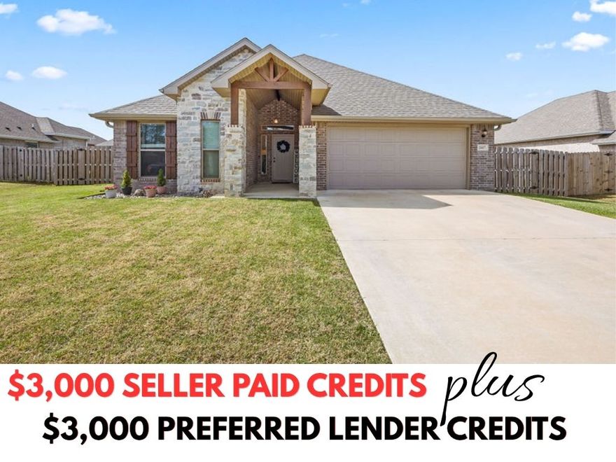 Qualifies for $0 down + $3,000 in seller concessions + preferred lender credits up to $3,000! This one has it all! Located in a quiet neighborhood just minutes from schools, shopping & more. This all brick, 4 bedroom home is priced as the lowest home per square foot in the entire neighborhood-- and yet has so many great amenities! Quartz counters, fresh paint, vaulted ceilings, fully fenced backyard, & updated lighting. This move-in ready home offers the best in open- concept living with a spacious kitchen with large island overlooks the open living room & dining area. Kitchen is equipped with modern, slate appliances, spacious pantry, & tons of counter space! The spacious primary suite offers a peaceful retreat with a walk-in closet, soaking tub, & walk-in shower. Savor the long summer-nights on your covered back patio-- just bring the grill! Washer, dryer, & refrigerator all convey to the buyer. Conveniently located just 8 miles from the Bentonville Square and less than 5 mins to I49.