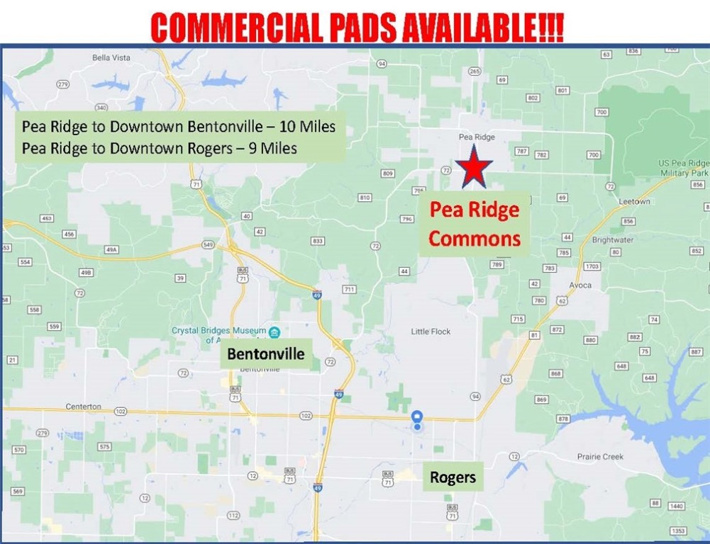 Available for lease, Pea Ridge is booming with an average annual population growth of 20% over the last 5 years. Shops at Pea Ridge Commons is located in the heart of Pea Ridge with the Walmart Neighborhood Market, AT&T, 7Brew, Splash Car Wash, Dominoās, Wendyās, AutoZone, and a 150-unit multi-family complex. A drive-thru endcap is available, or build-to-suit opportunities are offered on the hard corner.
