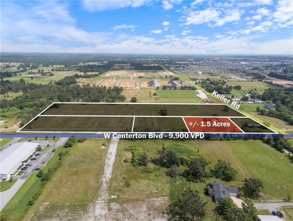 +/- 1.5 acres of prime land available at the highly visible corner of W Centerton Blvd and Keller Rd in
Centerton. Currently zoned A-1 Agricultural, this property offers a strong redevelopment opportunity for
commercial use. Ideal for an office, retail space, or QSR, this lot is strategically positioned on W Centerton Blvd, which sees approx. 9,900 VPD. Gas is available on site, Water is available at the street, and Sewer is available approx. 750' to the east of the property. The location is less than one mile from Highway 279, around 1.5 miles from Centerton's Main St., approx. 2 miles from Bentonville West High School, and just 7.5 miles from Northwest Arkansas National Airport (XNA), making it a convenient and high traffic area for a future business development. Build-to-suit/Ground lease options will also be considered!