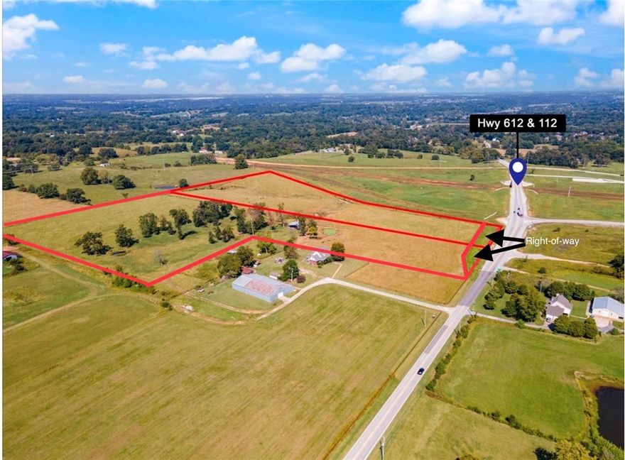 The Value is In The Land.... 28.77 +/- acres of Prime Development Property on the corner of 612 and 112 that is currently zoned Agriculture but is in the Future Land Use Plan as Regional Commercial and has commercially zoned property on its south border. This property is poised to be a prime development location in NWA with the 612 expansion already started and 112 expansion starting their Right-of Way acquisition phase and a future road leading to the airport off of 612.  This immaculate property will be the primary road to Tulsa and XNA Airport as roads are completed. Just 5 minutes to 1-49 on 612 and just minutes to Springdale, Cave Springs or Bentonville on 112 you will be in the middle of everything. Sewer runs right through the middle of both parcels, water, gas and electric on site as well. Listing Agent must be present during showings. Buyer will have First Right of Refusal on Remaining +/- 5 acres. Please reference MLS .