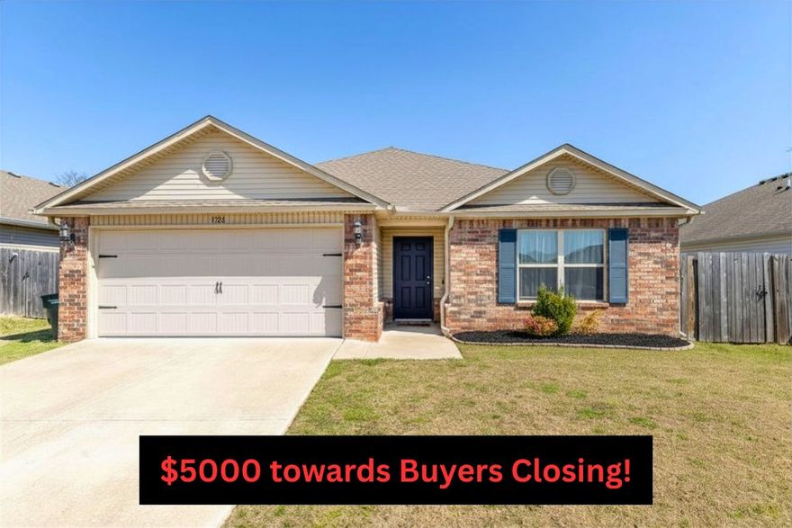 $5000 towards buyers closing costs with an acceptable offer! This home has everything! The luxury vinyl plank flooring extends throughout, creating a seamless, upscale feel, while the open-concept design provides an ideal setting for both everyday living and entertaining. It features spacious bedrooms with walk-in closets along with Ring integrated security features for added peace of mind. Step outside to an extended brick patio—perfect for hosting or unwinding—complemented by thoughtfully designed, low-maintenance rock landscaping along the north side of the home. This well maintained (and updated) 3-bedroom, 2-bath home built in 2019, offers refined finishes and is truly in move-in-ready condition. 1326 Kingfisher Lane is perfectly located just minutes from the University of Arkansas, downtown Fayetteville, and the area’s premier shopping, dining, and amenities. This home offers a perfect blend of comfort, style, and convenience. **Refrigerator, Washer, and Dryer all convey with an acceptable offer!