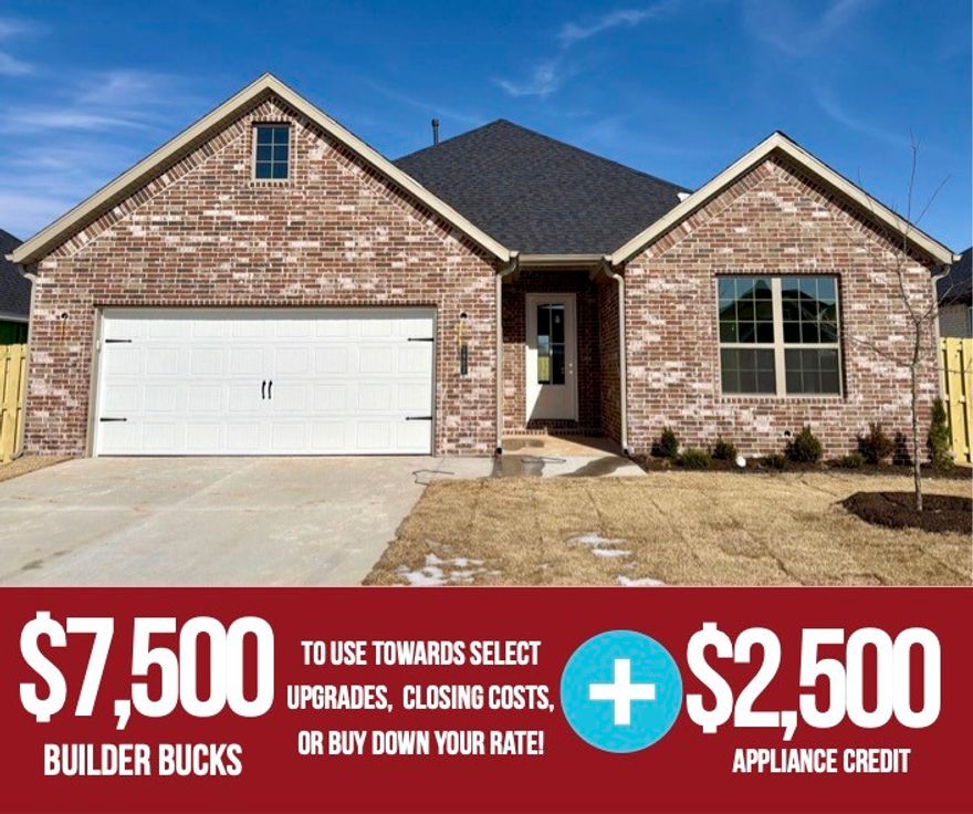 Located in Pea Ridge, the Yorktown Subdivision blends classic charm with modern architecture, and this Falcon floor plan offers 1,799 sq ft of thoughtfully designed living space featuring a versatile nook, and a 2-car garage, all in a convenient single-story layout. The home showcases an open-concept living, dining, and kitchen area, with secondary bedrooms thoughtfully positioned on the opposite side of the home from the primary suite for added privacy. The primary bedroom connects directly to the utility room. The kitchen includes a professional-style gas cooktop with an exterior-vented hood, and the covered back patio, pre-wired for a ceiling fan and TV, is ideal for outdoor relaxation and entertaining.For a limited time, Lower your interest rate with $7,500 from the builder + $2,500 appliance allowance + up to 4k in closing costs from select lenders. For a total of up to 14K with lender incentives. Fence, blinds, and gutters are all included.