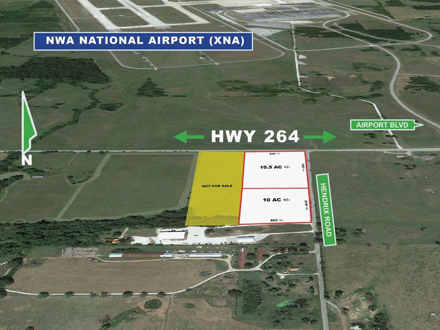 The last remaining commercially zoned and privately owned property located at the south entrance to XNA (Northwest Arkansas National Airport). Total 20.5 acre +/- tract is available (MLS # 1336549) and divisible, with major frontage along Hwy 264 and Hendrix Road. Can be divided into a 10.5 acre +/- tract and 10 acre +/- tract. The 10.5 acre tract has 800' of Hwy 264 frontage and 570' on Hendrix road. Please note that annexation of land has begun for the connection of a limited access road that will connect the south entrance of XNA to the recently completed I-49/I-612 exchange that is at the intersection of Hwy 12 south of Cave Springs. The four mile, 4 lane access road has an estimated completion date of late 2026.