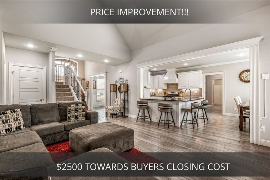 Searching for a 4-bed home near Bentonville schools with modern upgrades just 15 minutes from downtown Bentonville? This beautifully built brick home offers 2,381 sq ft of thoughtfully designed living space on a 0.25-acre lot. The living room impresses with a soaring cathedral ceiling, gas log fireplace, and seamless flow into the dining and kitchen areas—perfect for everyday living and entertaining. The kitchen features stainless steel appliances, a 5-burner gas range, soft-close cabinetry, and a generous pantry. The main-level primary suite includes dual vanities, dual walk-in closets, a whirlpool tub, and walk-in shower. Upstairs bedrooms offer cathedral ceilings, walk-in closets, and access to two walk-in attic storage areas. Smart upgrades include Ring security and Nest thermostats. Enjoy a covered patio with ceiling fan and TV, gas firepit, fenced yard, and 10x10 shed. Several items convey (see feature list). Seller offering $2,500 toward closing costs!