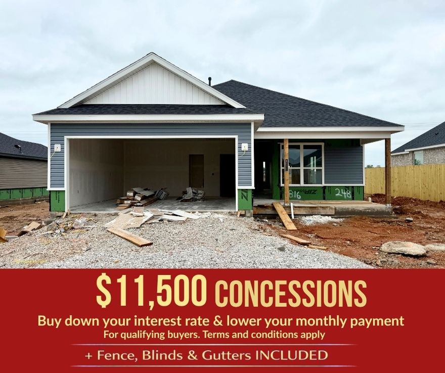 Nestled in Pea Ridge, the Yorktown Subdivision showcases a perfect blend of old and new architectural influences, offering timeless charm with modern appeal. The Bristol floor plan features 1,446 square feet and a desirable single-story layout. An open-concept design flows seamlessly through the living room, kitchen, and dining areas, all highlighted by durable and stylish LVP flooring. The kitchen is equipped with sleek stainless steel appliances, a beautiful composite granite sink known for its strength and easy maintenance, and a convenient countertop push-button garbage disposal, combining everyday functionality with modern comfort.For a limited time, Lower your interest rate with $5,000 from the builder + $2,500 appliance allowance + up to 4k in closing costs from select lenders. For a total of up to 11,500K with lender incentives. Fence, blinds, and gutters are all included.