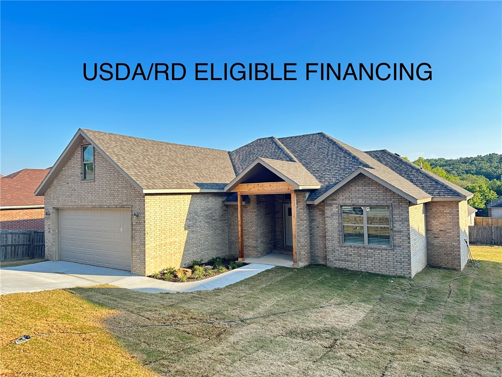 USDA/RD Eligible Financing. New Construction home less than 1 mile from 1-49 and ~10 mins to Fayetteville Entertainment District/U of A. Open design, split floor plan with quartz countertops, tile backsplash, stainless appliances, gas range, 2" faux wood blinds, tile showers, oversized primary bedroom closet, custom mud room, walk-in pantry and tons of storage. Bonus room on second level. Additional storage/work bench area in garage with EV charger. 1 year builders warranty.