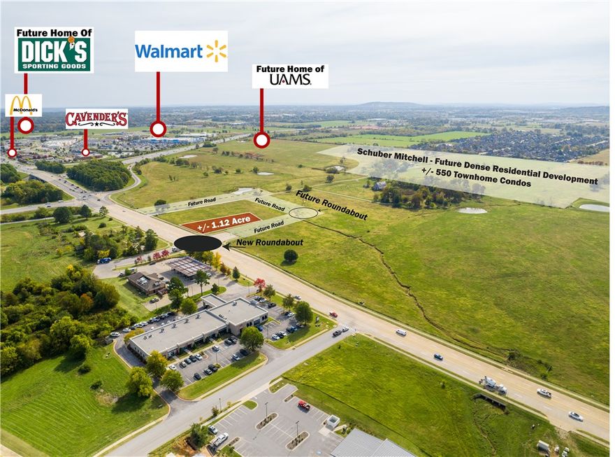 Exceptional Site Development Opportunity! +/- 1.12 acres of prime commercial land just off I-49 in
Rogers. This highly visible site offers direct access from Exit 81 and boasts full utility access—water,
sewer, and gas at the street, and electric on site. The current site plan is preliminary; shape, size, and
access are subject to change and can be tailored to suit the end user. Surrounded by top national retailers —Walmart, Starbucks, Chick-fil-A, McDonald's, Academy, Ross, and a future Dick's Sporting Goods—this location is ideal for high-traffic commercial use. Traffic counts reach +/- 110K VPD on I-49 and 18K on W Pleasant Grove Rd. Perfect for restaurants, QSRs, pharmacies, coffee shops, banks, and general retail. Just 2.5 miles to Top Golf and Walmart AMP, 10 minutes to Walmart’s new HQ, and under 20 minutes to XNA. UAMS is building next door, and Schuber Mitchell Homes plans +/- 520 units nearby. Avg. household income within 1 mile is +/- $170K—driving growth at this dynamic location.