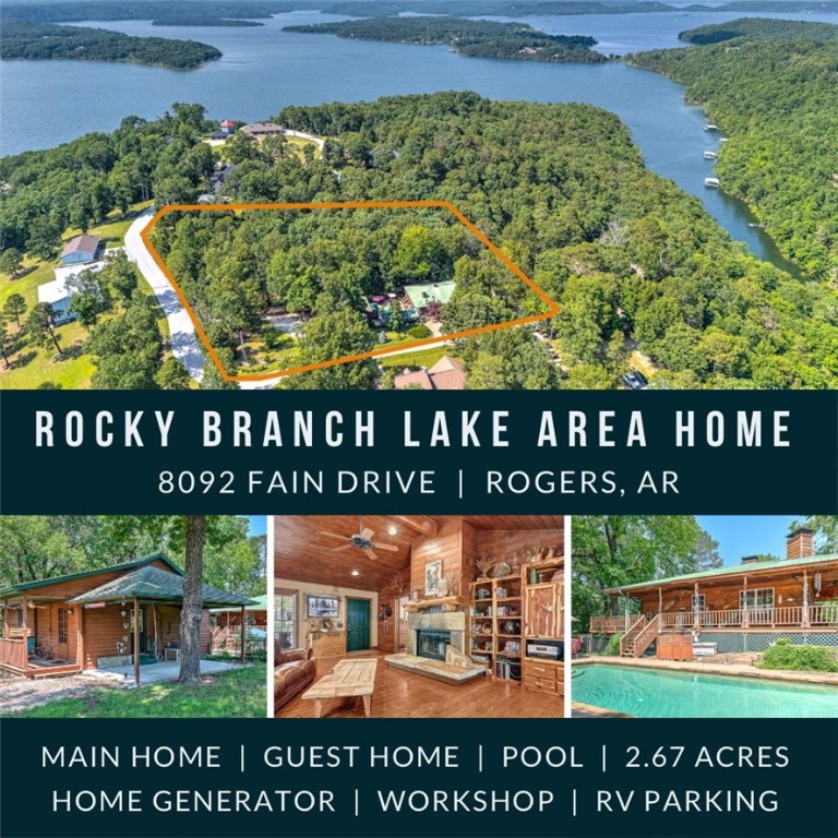 Escape to the rustic charm of this 2.78-acre lodge-style retreat near Beaver Lake’s Rocky Branch, featuring a 3,052 sq ft main home—including a downstairs pub—and a 790 sq ft guest house with a heated/cooled 790 sq ft shop. The main home showcases custom doors, built-ins, real antler chandeliers, and wood-burning fireplaces. Downstairs offers a cozy pub, full bath, and workshop—ideal for entertaining or hobbies. A spacious 4-car garage with an extra roll-up door provides ample storage, and a whole-home Generac generator ensures year-round peace of mind. The guest house/in-law suite includes pine floors, a full kitchen, and private patio for extended stays. The attached heated/cooled shop has a half bath and potential for additional living space. Outdoor amenities include a solar-heated sport pool, hot tub, plumbed outhouse, turfed bocce ball court, RV parking, and lush landscaping filled with perennials and native plants. This one-of-a-kind property blends comfort, craftsmanship, and outdoor luxury.