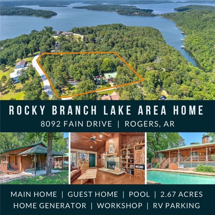 Escape to the rustic charm of this 2.78-acre lodge-style retreat near Beaver Lake’s Rocky Branch, featuring a 3,052 sq ft main home—including a downstairs pub—and a 790 sq ft guest house with a heated/cooled 790 sq ft shop. The main home showcases custom doors, built-ins, real antler chandeliers, and wood-burning fireplaces. Downstairs offers a cozy pub, full bath, and workshop—ideal for entertaining or hobbies. A spacious 4-car garage with an extra roll-up door provides ample storage, and a whole-home Generac generator ensures year-round peace of mind. The guest house/in-law suite includes pine floors, a full kitchen, and private patio for extended stays. The attached heated/cooled shop has a half bath and potential for additional living space. Outdoor amenities include a solar-heated sport pool, hot tub, plumbed outhouse, turfed bocce ball court, RV parking, and lush landscaping filled with perennials and native plants. This one-of-a-kind property blends comfort, craftsmanship, and outdoor luxury.