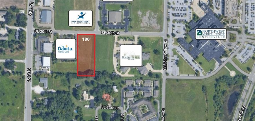 Development opportunity located in a well established medical district. Property lends itself to medical, office, or retail uses. Excellent location near the intersection of SE 28th St & SE J St with easy access to I-49.

Flat & clear acreage ready for development.
Water & sewer at street.
Located in Bentonville medical corridor.
High traffic counts on SE J St & 28th St.
Great location with close proximity to Sam's Club HQ, retail/office, and I-49.