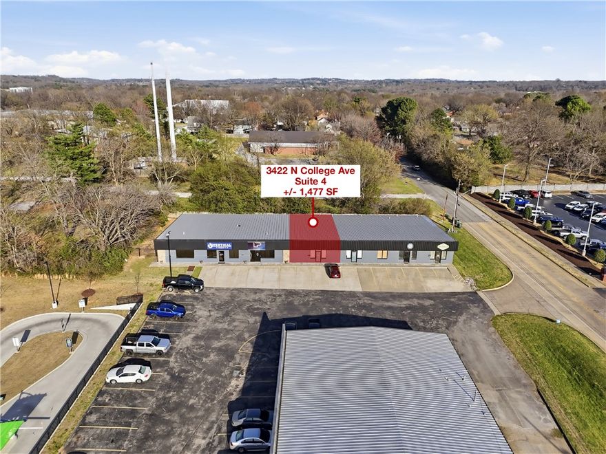Versatile +/- 1,477 SF space available for lease in a high-visibility location off N College Ave, which see approx. 33,000 VPD and offers convenient access to the US-71 on-ramp. Currently utilized as a church, the property is well suited for a wide range of uses including professional office, medical or therapy practice, retail, etc. The layout features a reception area, 2 individual rooms that can function as private offices, conference rooms, patient rooms, or storage areas, and 2 restrooms. With its adaptable floor plan, strong traffic counts, and strategic location, this property presents an excellent opportunity for businesses seeking both visibility and flexibility.