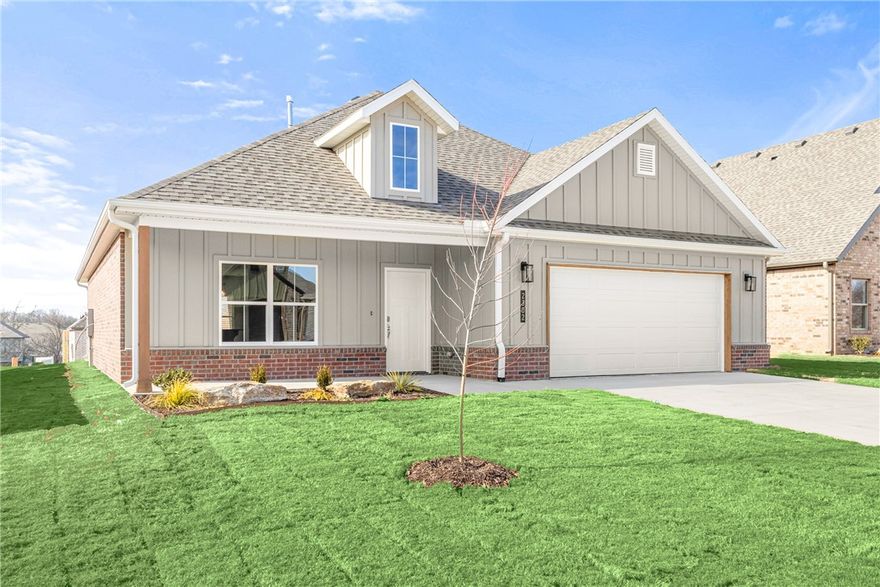 Beautiful New Construction Home in Heritage Ranch Subdivision! This 1,980 SF home has 3 bedrooms, bonus room on 2nd level, spacious open living, abundant storage and large covered patio. Entry open into the living space, open layout is great for everyday and entertaining with lots of natural light throughout. Gorgeous LVP flooring throughout the living areas. Living room features a beautiful fireplace feature. The kitchen is the heart of the home with great workspace, counter seating, large pantry, and open to a large dining room. Dining room has access to the covered patio and backyard space. The primary suite is a spacious and relaxing retreat with attached bath featuring a shower, soaking tub, and WIC. Upstairs is a large bonus room, a great second living space, playroom or media room! 2 car garage. Located next to Schools, Aquatic Center, and Parks. Nearby John Brown University and historic Downtown Siloam Springs. Welcome Home! $10,000 Buyer Incentive Offered! Use towards Upgrades, Close Costs, Rate Buy-Down!