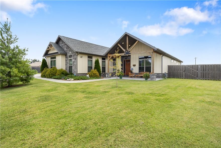 Stunning home with large heated pool, outdoor kitchen and entertaining space. Open floor plan 4 bedrooms, 3 bath + office. Massive granite countertop kitchen island. 0.6 Acre lot. Lots of closet space with quality built-ins. Beautiful Cedar Accents inside and out. 4 car garage + additional parking pad with RV hookup.  Just 1 mile from Gamble Elementary and Bentonville West High. Just 15 minutes to the new Walmart campus. Furniture, refrigerator, washer and dryer can all convey with approved offer.