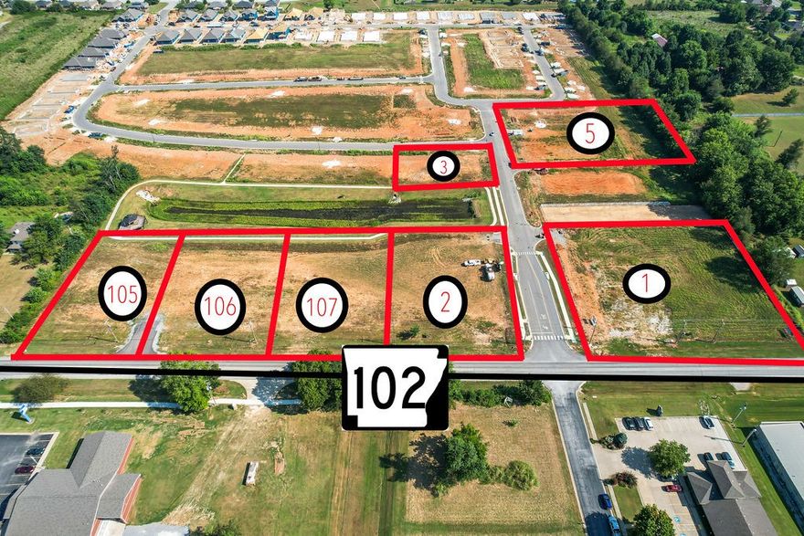 4.45 acres made up of five Commercial lots (C-2) in newly established Woodcrest Walk Subdivision. Substantial Hwy 102/Centerton Blvd frontage. All utilities on site. Please note the acreage has been updated since attached survey was done due to ARDOT's future Hwy 102 improvements/widening. Prospective buyers are encouraged to confirm utilities and property taxes for themselves. See also MLS#s 1326082, 1326095, 1326108, 1326110 and 1326112 for individual listings of Commercial Lots 1, 2, 105, 106, 107. (Mult-Family Lots 3 and 5 have already been sold.)