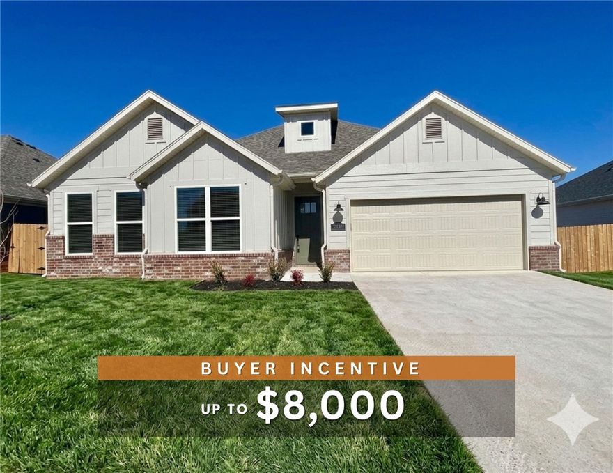 Fence, blinds and gutters included! Discover your dream home in the sought-after Osage Hills neighborhood. Clinton plan with garage on the right and South facing! 9 ft ceilings, linear electric fireplace in the living room, LVP flooring throughout the main living areas and primary bedroom, quartz countertops and more. Chef's kitchen boasting frigidaire stainless steel appliances, gas range, pantry, quartz countertops, bar pull handles, large island and gorgeous backsplash. Luxurious primary bedroom features abundant natural light, while the spa-like primary bathroom offers a walk-in shower, double sinks, and spacious walk-in closets. Additional features include two large secondary bedrooms on the main level, a 4th bedroom upstairs that would be a perfect bonus room & a separate laundry room. Generous lot with covered patio that overlooks the sodded, fully fenced backyard. Sturdy concrete siding & brick! Model home located at 6008 SW Coywolf St- Lot 122.