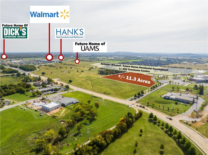 Exceptional Site Development Opportunity! +/- 11.3 acres of prime commercial land off I-49 in Rogers, AR. This flexible parcel supports commercial, multifamily, or mixed-use development. A rare chance to join one of the last remaining master-planned communities in the heart of Northwest Arkansas. Full utilities: gas at the street, 10" sewer lines, 24" water line, and electric on site. The site plan is preliminary; shape, size, and access may change to suit the end user. Surrounded by top retailers—Walmart, Starbucks, Chick-fil-A, Casey’s, and a future Dick’s Sporting Goods—this location is ideal for high-traffic commercial use. Traffic counts reach +/- 110K VPD on I-49 and 18K on W Pleasant Grove Rd. Just 2.5 miles from Top Golf and Walmart AMP, 10 min from Walmart’s new HQ, and under 20 min to XNA. UAMS is building nearby, and Schuber Mitchell Homes plans +/- 520 housing units. Avg. household income within 1 mile is +/- $170K—fueling growth at this dynamic site.