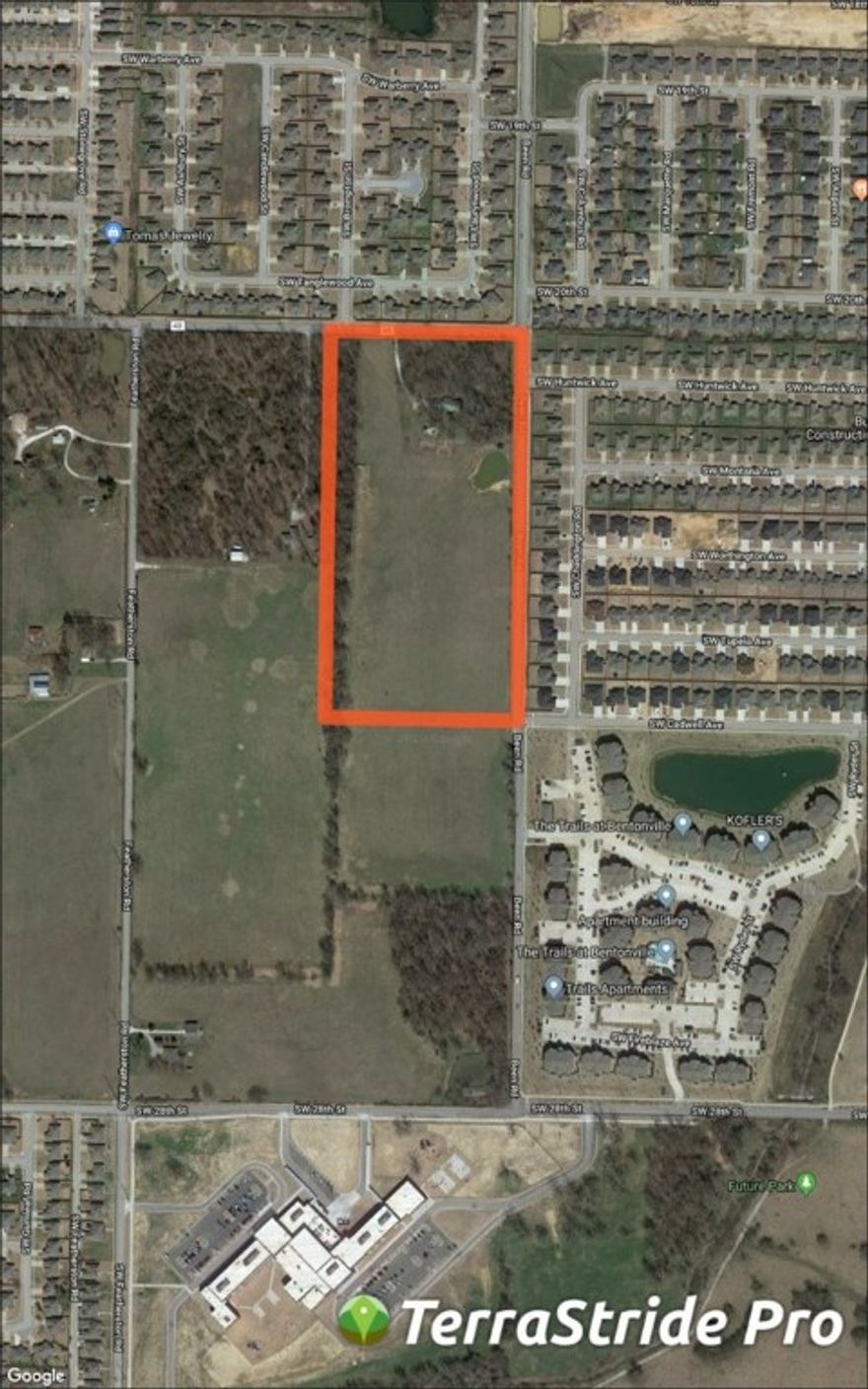 With 20+/- acres in a growth area of Bentonville, the land is between Hwy 102 & Hwy 12 and less than 1/2 mile from Osage Creek Elementary School and Creekside Middle School.  Currently zoned as Agri, the property has the potential for development and rezoning, as have the adjacent properties.  The similar properties in the immediate area have sold leaving this as the last property of size to be marketed.