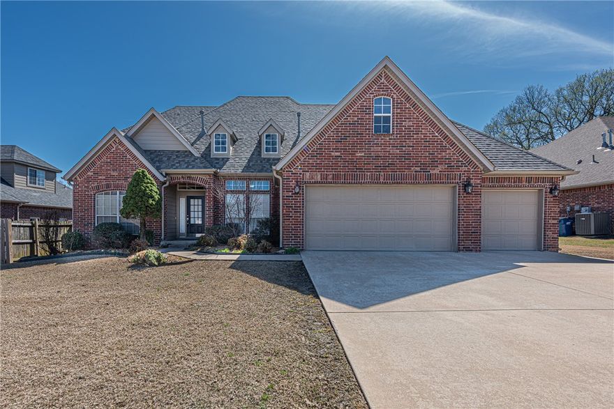 Home Sweet Home! This 4 bd 3.5 bath w/ 3 car garage is a convenient west Bentonville location w/ short drive to Community Center, Osage Park, new Walmart HQ w/ major commuter routes to I-49 & XNA. From covered front entry head inside to bright open-concept living filled w/ natural light, feat: wood flrs, crown molding, & corner fireplace w/ brick details. Eat-in kitchen offers bay-style windows & L-shaped layout w/ abundant storage, granite counters, tiled bcksplsh, raised breakfast bar, stainless steel apps, & pantry. Off the entry, enjoy both a frml dining w/ tray ceiling & an office! Unwind in the oversized mn flr primary suite w/ walk-in closet & private ensuite w/ separate sink vanities, shower, & jacuzzi tub. Mn lvl: half bath for guests & laundry w/ storage & drying rods. Upstairs a flex space, 3 addt’l bedrms & 2 full bathrms, &  walk-in attic w/ flooring & lighting. Out back, a covered patio provides the perfect setting for relaxing during the summer months. Don’t miss this opportunity, act now!