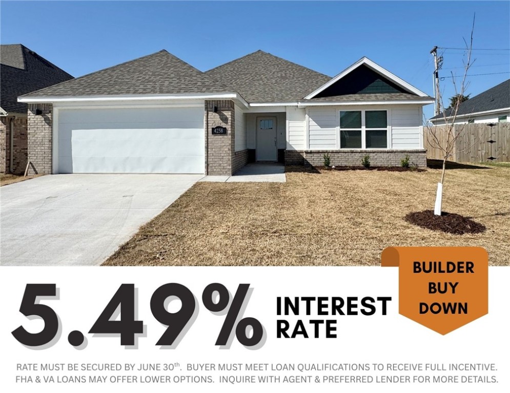 5.49% INTEREST RATE/BUILDER BUY DOWN & fence, blinds and gutters included! Fredrick Plan-New Construction home in the beautiful subdivision of Towne West. New Middle School across the street AND 2 Miles to Centennial Park. Short distance from downtown & the University of Arkansas, this home offers convenience & accessibility to everything the area has to offer. Upgrades in this home are sure to impress, with features such as quartz countertops, stainless steel appliances, linear fireplace, painted case opening in the living room, wainscoting in the entry & LVP flooring. Spacious open floor plan allows for entertaining, while the bedrooms offer space for rest and relaxation. Fully fenced backyard with sod and covered patio to relax on. Great investment opportunity, with its desirable location, modern features making it an attractive option for both personal enjoyment and financial gain.