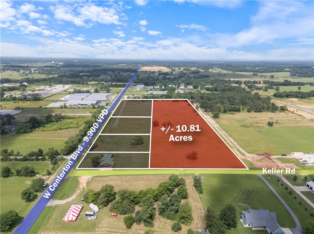 +/- 10.81 acres of prime land available near the corner of W Centerton Blvd and Keller Rd in Centerton. Currently zoned A-1 Agricultural, this property offers a strong redevelopment opportunity for commercial use. Ideal for an office, retail space, QSR, or multi-family units, this lot is strategically positioned on W Centerton Blvd, which sees approx. 9,900 VPD. Gas is available on site, Water is available at the street, and Sewer is available approx. 750' to the east of the property. The location is less than one mile from Highway 279, around 1.5 miles from Centerton's Main St., approx. 2 miles from Bentonville West High School, and just 7.5 miles from Northwest Arkansas National Airport (XNA), making it a convenient and high traffic area for a future business development.