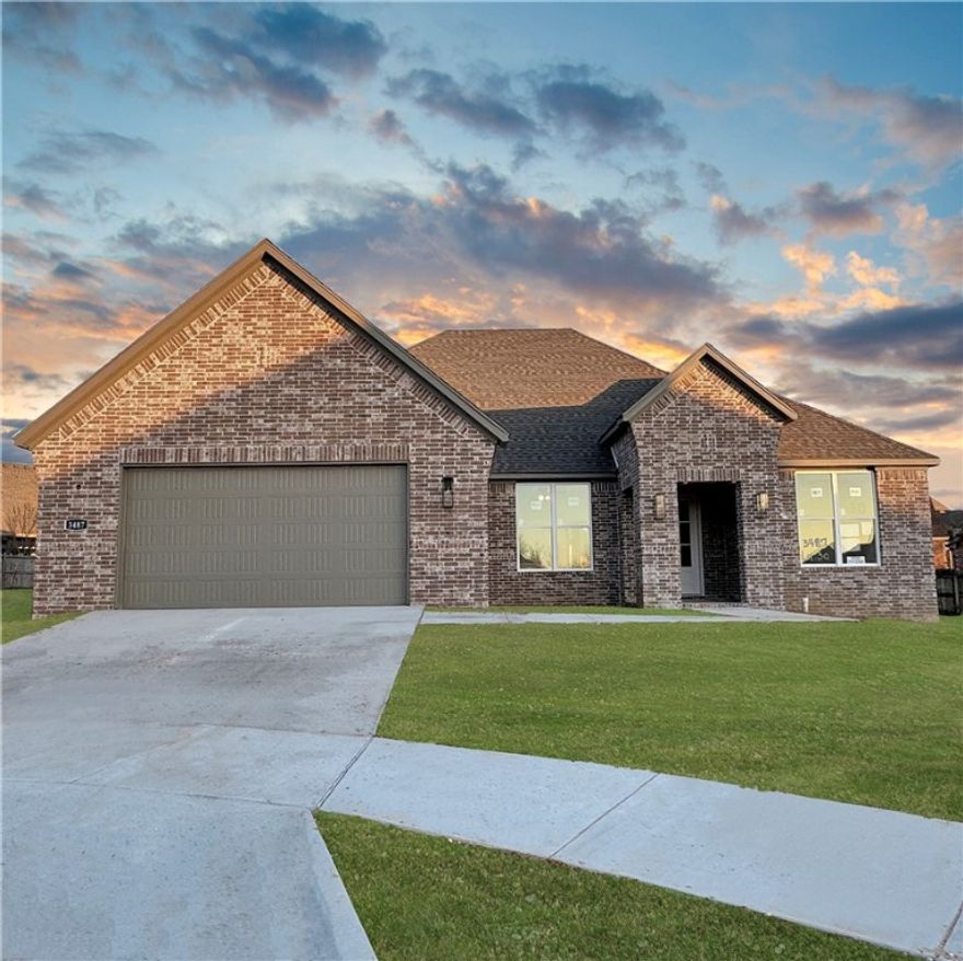 The picturesque Princeton 4 plan in Hughmount, located in Fayetteville, Arkansas! The Princeton 4 plan has 2424 square feet, with 4 bedrooms, 3 baths and a flex space/study.  These brand-new homes boast 4-sided brick and LVP flooring. Fantastic front porch with a sitting area. Upon entrance, there is a flex space / study and a spacious living area featuring a gas fireplace with a poplar mantle. The kitchen will have 42-inch cabinets, lovely appliances and quartz countertops and tile backsplash. The Primary bedroom has a fabulous en suite, dual sinks, with a walk-in shower with tiled walls and a soaking tub!  These homes feature LED lighting throughout, and a high efficiency AC with programmable Wi-Fi thermostat. Come find your dream home today! Taxes and Parcel TBD. Garage Door Opener!
