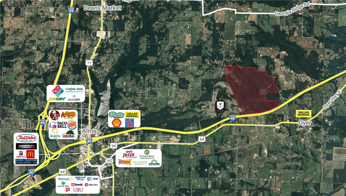 Over 500 Acres of versatile land with extensive frontage along Interstate 40. Strategically located in Alma, Arkansas, where I-40 (East-West) and I-49 (North-South) intersect. Adjacent to the esteemed Eagle Crest Golf Course, an 18-hole course and residential development